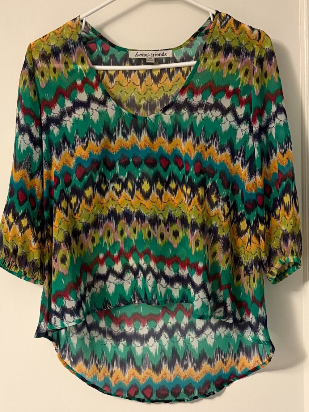 Lovers + Friends abstract colorful high low sheer blouse size XL boho Indie